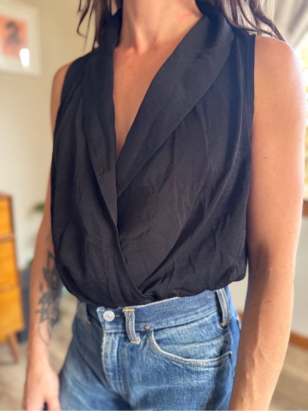 Melrose and Market Black Draped Surplice Top Size S